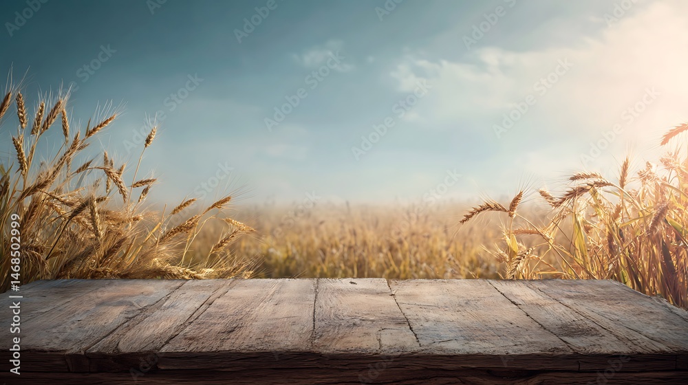 Poster desk above wheat field with space for display, fall harvest background