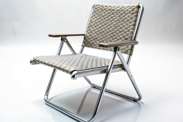Macro Photography Gray Folding Chair, Close-up Detail Isolated White Background, Furniture Texture, Metal Frame, Fabric Seat
