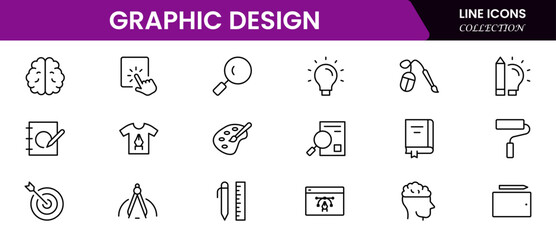 Graphic design web icons set in duotone outline stroke design. Pack pictograms with color palette, content, freelance, print, painting, brainstorm, portfolio, creative idea, tool. Vector illustration.