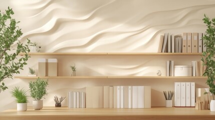 Minimalist office workspace with shelves and decorative textured wall