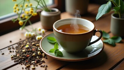 Steaming Herbal Tea with Fresh Leaves and Spices on Rustic Table