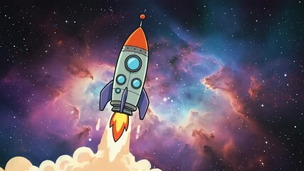 Colorful cartoon rocket launching into space amidst vibrant cosmic clouds and stars
