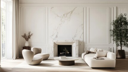 Refined interior with marble fireplace and soothing neutral palette