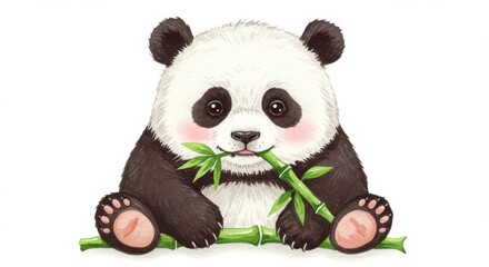 Adorable Baby Panda Eating Bamboo Watercolor Illustration for Children's Book Character Design and Cute Wildlife Conservation Awareness Projects