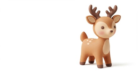 Obraz premium Adorable cartoon deer figurine standing on a white background casting a soft shadow, perfect for children's illustrations and seasonal decorations, with a charming design.