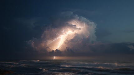 Dramatic thunderstorm over turbulent ocean waters showcasing bright lightning at dusk