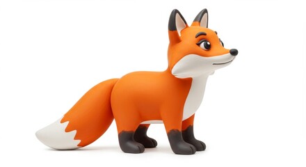 Fototapeta premium Adorable cartoon fox standing alert with bright orange fur and a playful expression against a clean white background perfect for children's illustrations and educational resources