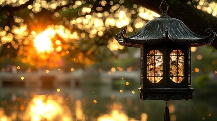 Ornamental lantern at sunset over a tranquil water scene