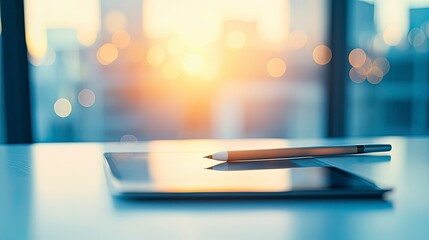 Pen and a tablet are on a table. The tablet is on the left side of the pen