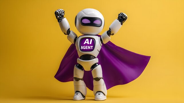 AI agent humanoid robot wearing superhero cape automates future jobs