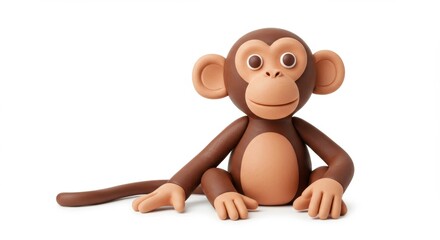 Obraz premium Adorable clay monkey sculpture sits playfully on a white background, perfect for children's illustrations, educational materials, and animation projects, exuding charm and creativity
