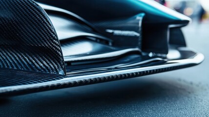A detailed close-up shot of an F1 car's front wing, showcasing the intricate carbon fiber design and aerodynamic features that enhance performance in racing.