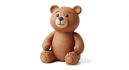 Adorable claymation teddy bear sitting against a clean white background, perfect for children's content, educational materials, and heartwarming designs with a handcrafted feel