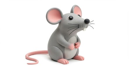 Adorable Gray Mouse Figurine Standing on White Background a Charming and Whimsical Illustration for Children's Books, Educational Materials and Animal Lovers, Perfect for Print and Digital Media