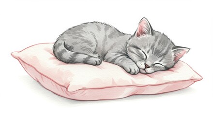 Adorable gray tabby kitten sleeping soundly on a soft pink pillow, a charming watercolor illustration perfect for children's books and nursery decor, capturing peaceful sleep