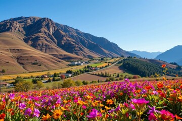 Vibrant Flower Field Against Majestic Mountainous Landscape Under Clear Blue Sky in Stunning Natural Setting