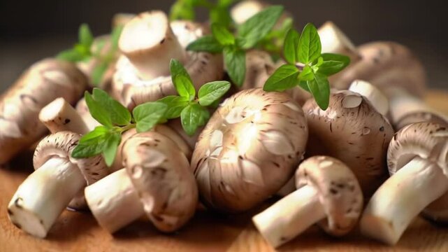 Close-Up of Fresh Brown Mushrooms with Green Herbs on Rustic Wooden Surface
