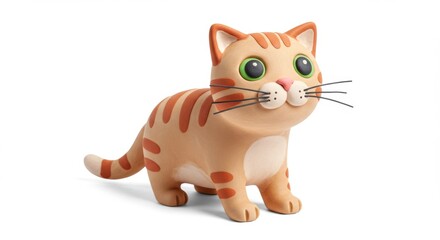 Adorable handcrafted clay cat figurine with orange stripes and green eyes against a clean white backdrop perfect for children's illustrations and animal themed designs