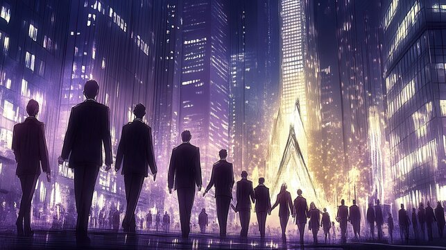 Neon metropolis convergence abstract cityscape of urban figures in illuminated night skyline illustration and walking people