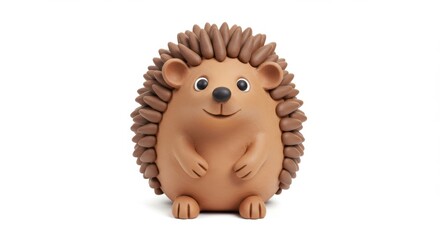 Adorable handmade clay hedgehog figurine with a friendly smile, perfect for children's decor and whimsical crafts projects, isolated on white background.