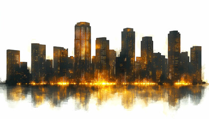 Obraz premium Night City Skyline with Golden Lights and Water Reflection