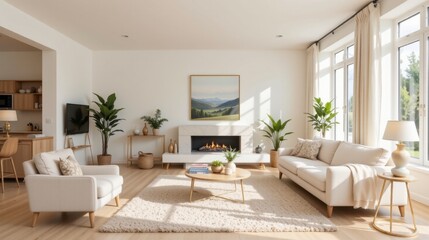 Bright and Spacious Modern Living Room with Plants, Artwork, and Cozy Furniture in a Well-Lit Setting
