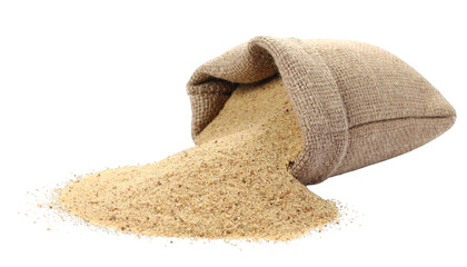 A burlap sack tipped over with light brown powder spilling out is shown against a white background.