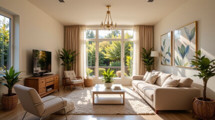 Cozy modern living room with natural light, contemporary furniture, plants, and elegant decor in a serene setting