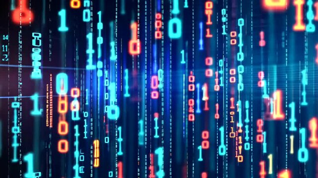 Abstract digital background with streams of glowing blue and red binary code, zeros and ones, creating a futuristic data rain effect