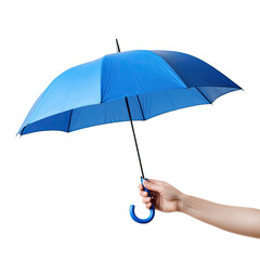 Hand holding open blue umbrella on white isolated background.