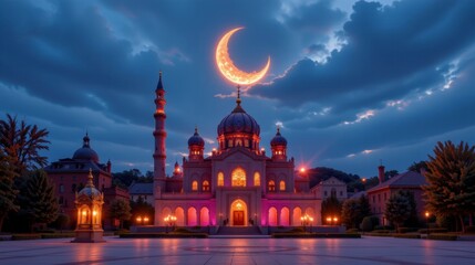 Fototapeta premium Majestic Mosque at Dusk with Crescent Moon and Dramatic Cloudy Sky Setting in Vibrant Colors