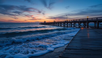 Obraz premium Sunset at the Pier with Ocean Waves