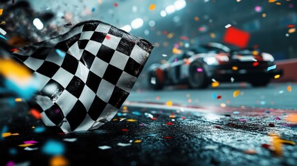Dynamic Race Scene with Checkered Flag and Colorful Confetti at a Vibrant Car Racing Event