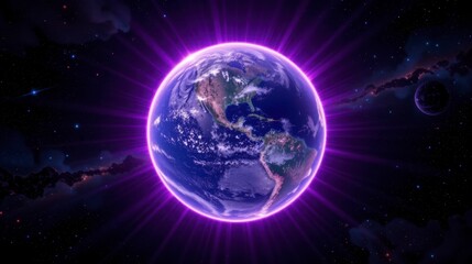 Fototapeta premium Vibrant View of Earth Surrounded by Cosmic Light and Stars in a Stunning Purple Glow for Space and Nature Concepts