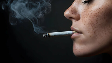 Obraz premium Woman Smoking Cigarette Closeup Dark Background