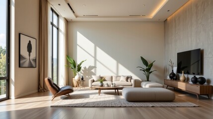 Fototapeta premium Cozy modern living room with natural lighting, stylish furniture, and minimalistic decor for contemporary home design inspiration