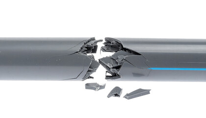 A grey pipe is broken in the middle against a white background.