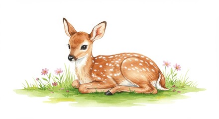 Adorable watercolor illustration of a baby deer fawn lying in a grassy field with delicate pink flowers, perfect for children's books and springtime designs, evoking innocence and charm