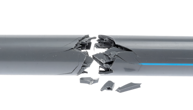 A grey pipe is broken in the middle against a white background.