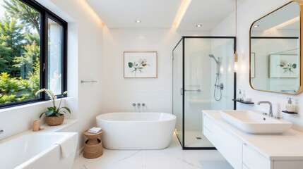 Modern Bright Bathroom with Elegant Bathtub and Stylish Shower, Natural Light and Minimalist Design Elements