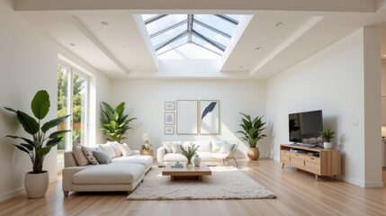 Fototapeta premium Bright and Airy Modern Living Room with Skylight and Green Plants Showcasing Contemporary Design Aesthetic