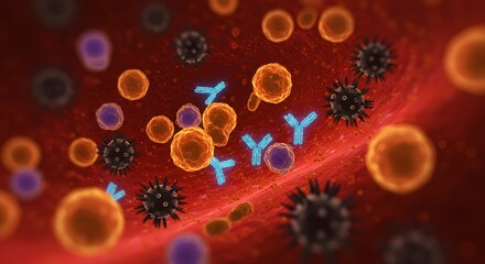 Colorful Illustration of Immune Cells and Antibodies Responding to Virus in Human Body
