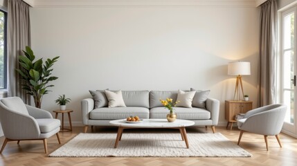 Fototapeta premium Modern Living Room with Stylish Sofa, Elegant Chairs, Cozy Decor, Indoor Plants, and Bright Natural Light in Contemporary Design