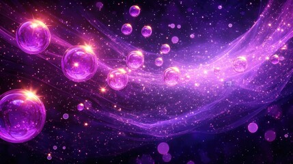 Obraz premium Sparkling purple spheres float through a cosmic landscape.