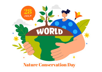 World Nature Conservation Day Vector Illustration featuring a World Map, Tree, and Eco Friendly Ecology and Environmental Preservation in a Background