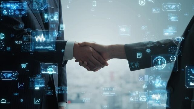 握手するビジネスパーソンのグループとデジタルネットワークのコンセプト