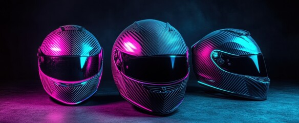 Racing Helmets in Neon Colors with Stylish Lighting against Dark Background for Motorsport Enthusiasts