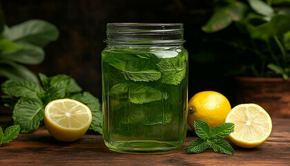 Refreshing Mint and Lemon Drink in Glass Jar