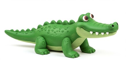 Fototapeta premium Cartoon Crocodile Figure Isolated on White Background Depicts a Friendly Green Alligator Created from Clay, Perfect for Children's Illustrations and Educational Materials