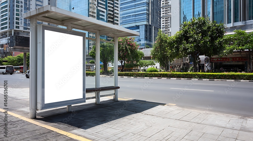 Poster empty bus stop shelter with copyspace for advertising in a sunny urban setting